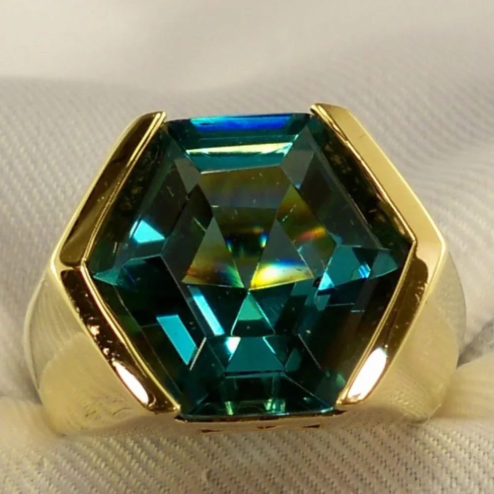 NEW Aquamarine Hexagon Cut Crystal Gold Ring